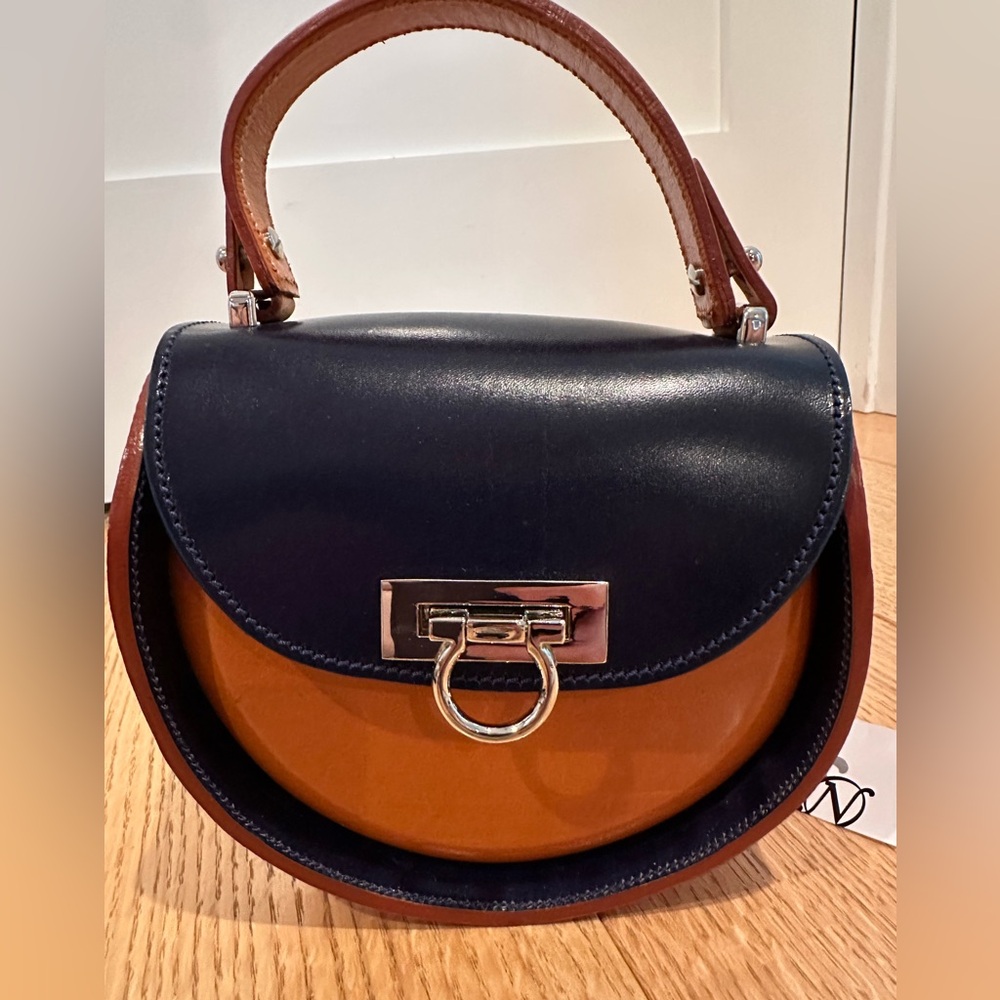 Elegant Blue and Tan Crossbody Bag with Structured Design NWT